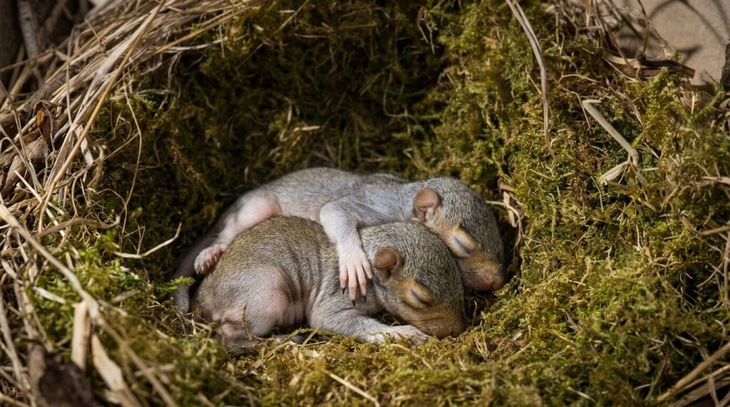 Two newborn squirrels sleeping closely together in a moss-lined nest.