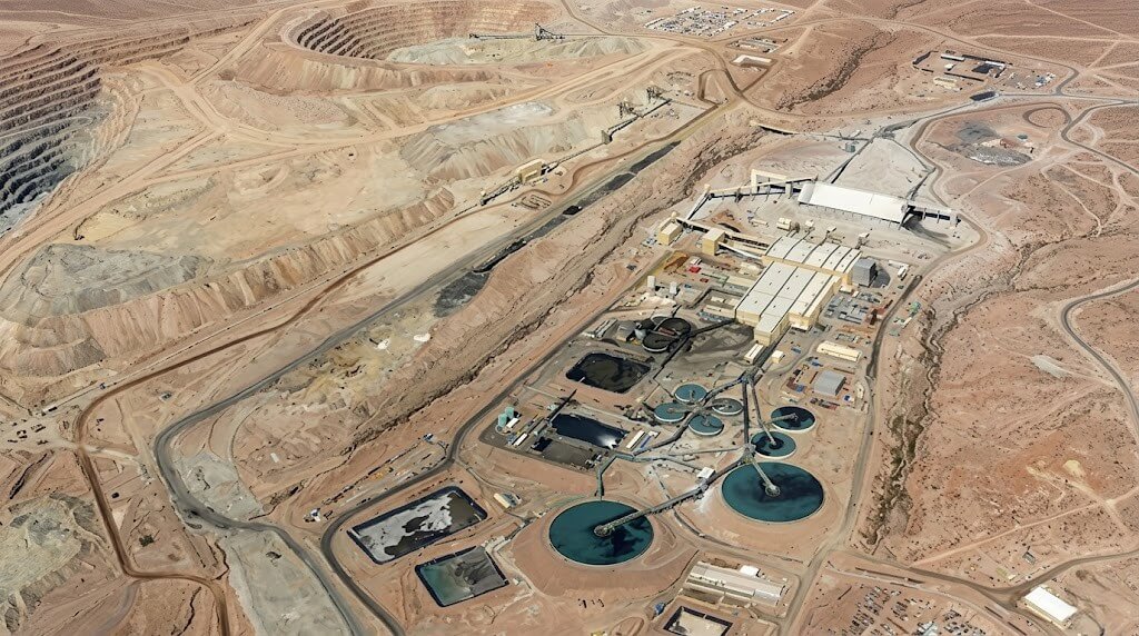 Aerial view of a large open-pit mine with adjacent industrial processing facility in a desert landscape.