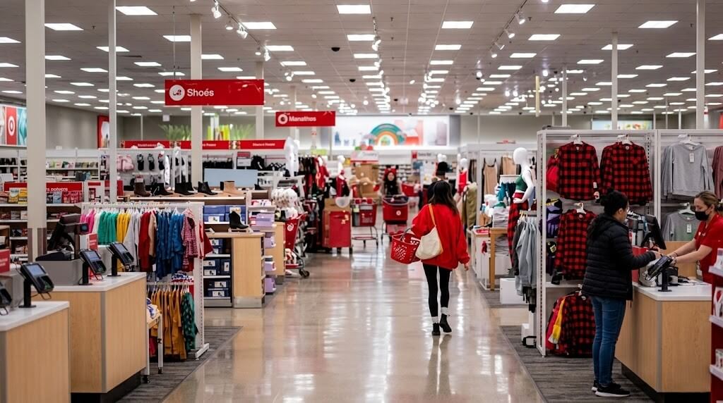 Shoppers walking and browsing clothing and shoes inside a Target store with red signage and carts.