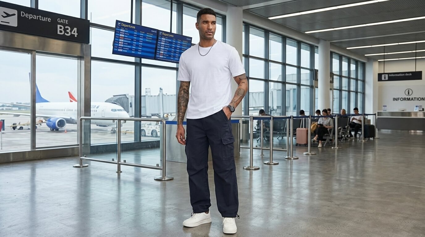 Man in white t-shirt and black cargo pants standing near gate B34 at an airport departure area.