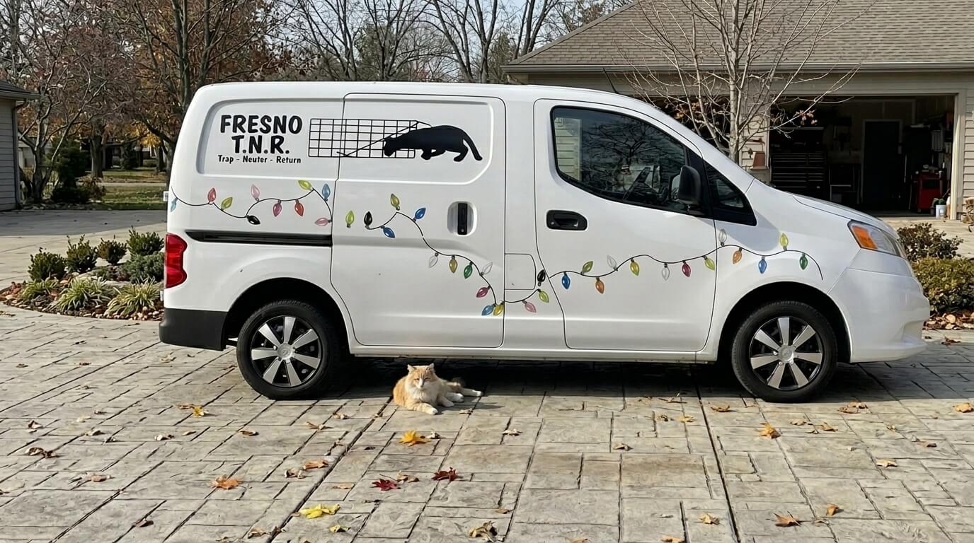 White Fresno T.N.R. van with colorful string lights graphic and a cat lying on the driveway beside it