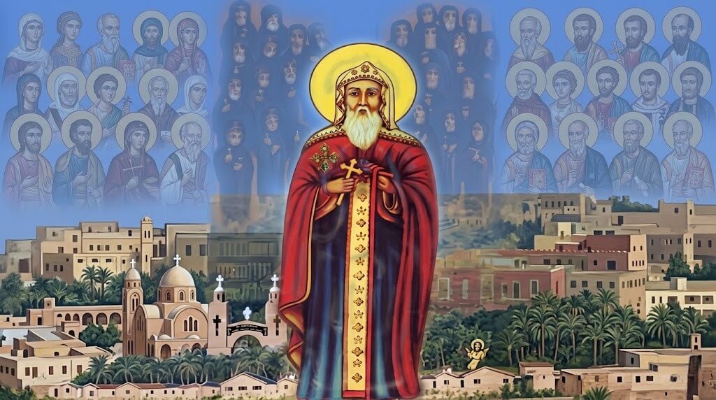Saint with a halo holding a cross in front of a cityscape, surrounded by faded images of saints and monks.