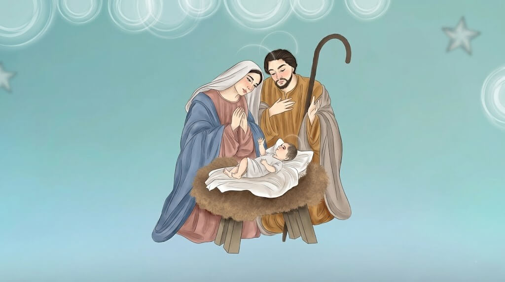 Mary and Joseph kneeling beside baby Jesus in a manger with a glowing halo and shepherd's staff