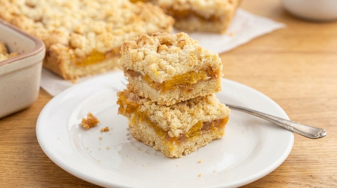 Two stacked apricot crumb bars on a white plate with a fork on a wooden table