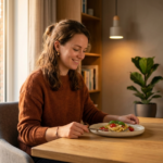 Woman in brown sweater sitting at a table with a plate of spaghetti and cherry tomatoes near a window and clock showing 6:30