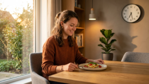 Woman in brown sweater sitting at a table with a plate of spaghetti and cherry tomatoes near a window and clock showing 6:30