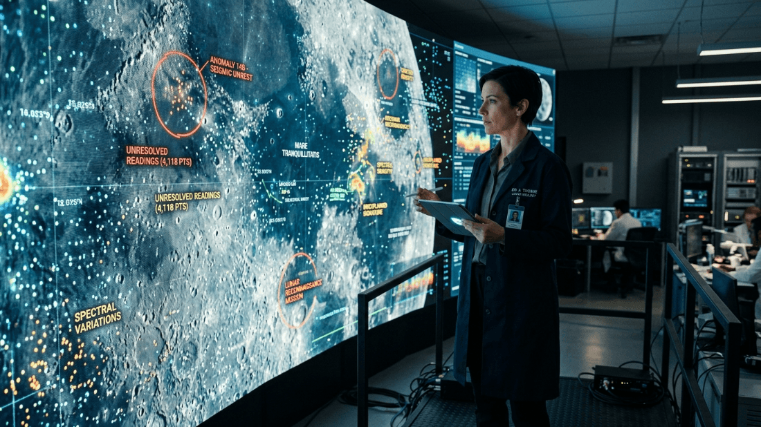 Scientist in lab coat analyzing lunar surface data on large digital screen in a control room.