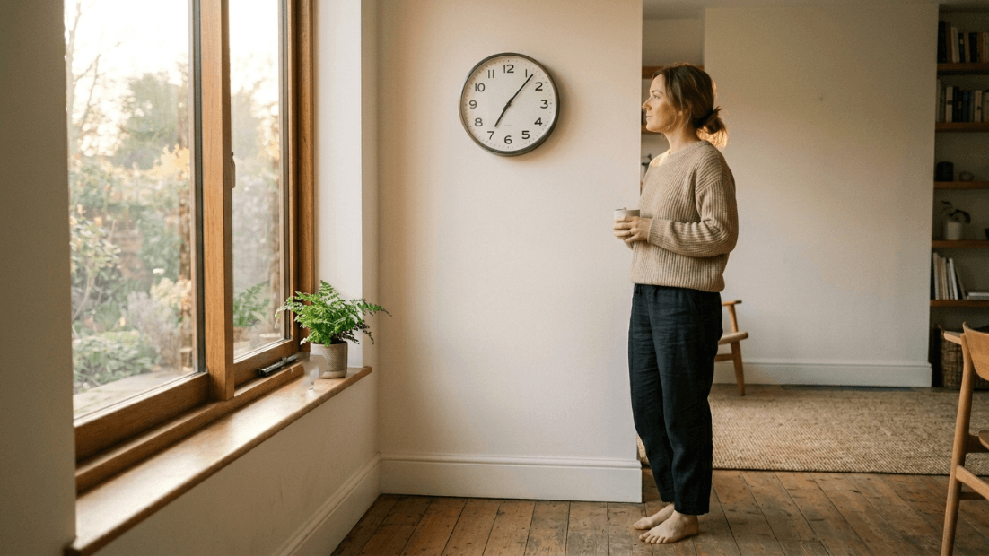 Woman in beige sweater and black pants holding a cup, standing barefoot by a window with a clock showing 7:05 on the wall.