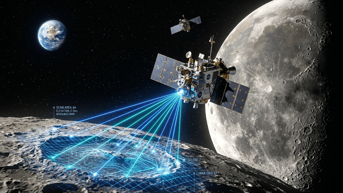 NASA satellite scanning the lunar surface with Earth and the Moon in the background, showing a resource map grid.