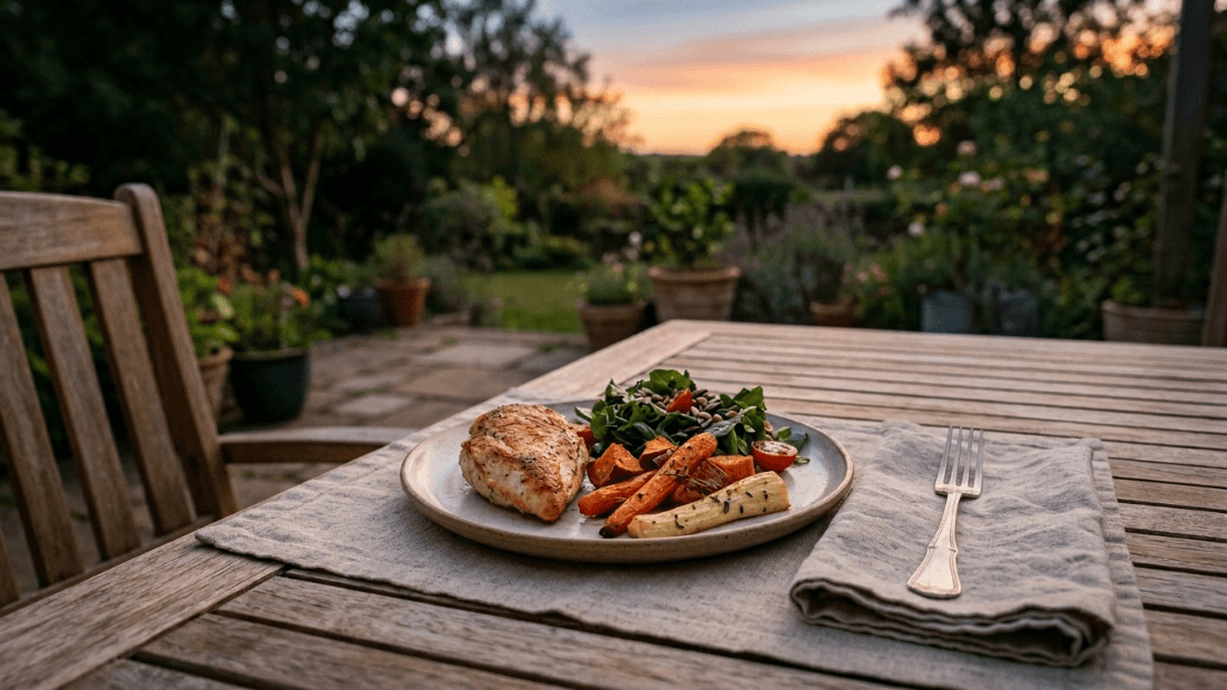 Grilled chicken breast with roasted vegetables and salad on a plate on a wooden outdoor table at sunset.