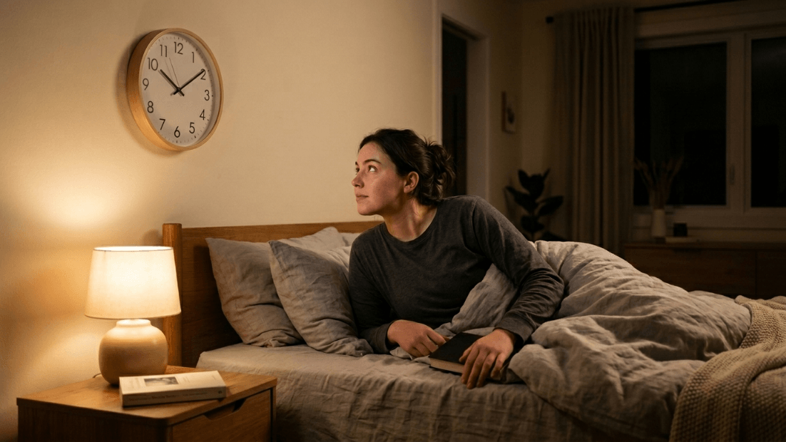 Woman in gray pajamas sitting up in bed looking at a wall clock showing 11:10 PM while holding a book