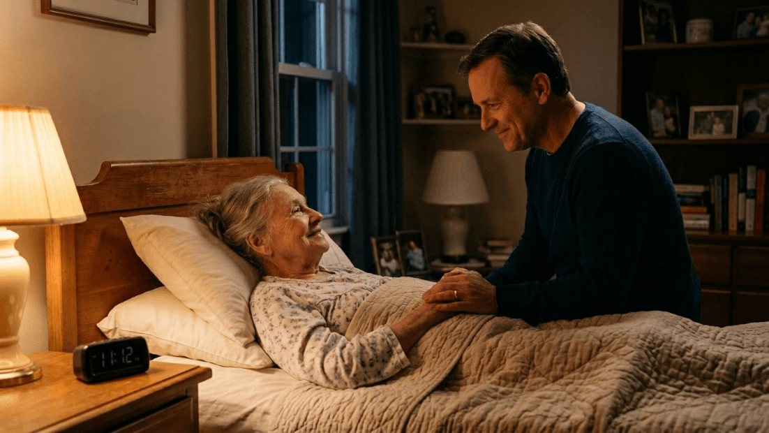 Man holding hands with elderly woman lying in bed in a warmly lit bedroom at night