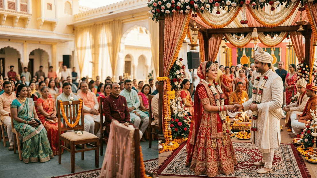 Indian bride and groom exchanging garlands during a traditional wedding ceremony with guests seated nearby