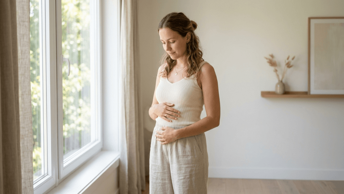 Pregnant woman in beige tank top and pants gently holding her belly near a window in a bright room.