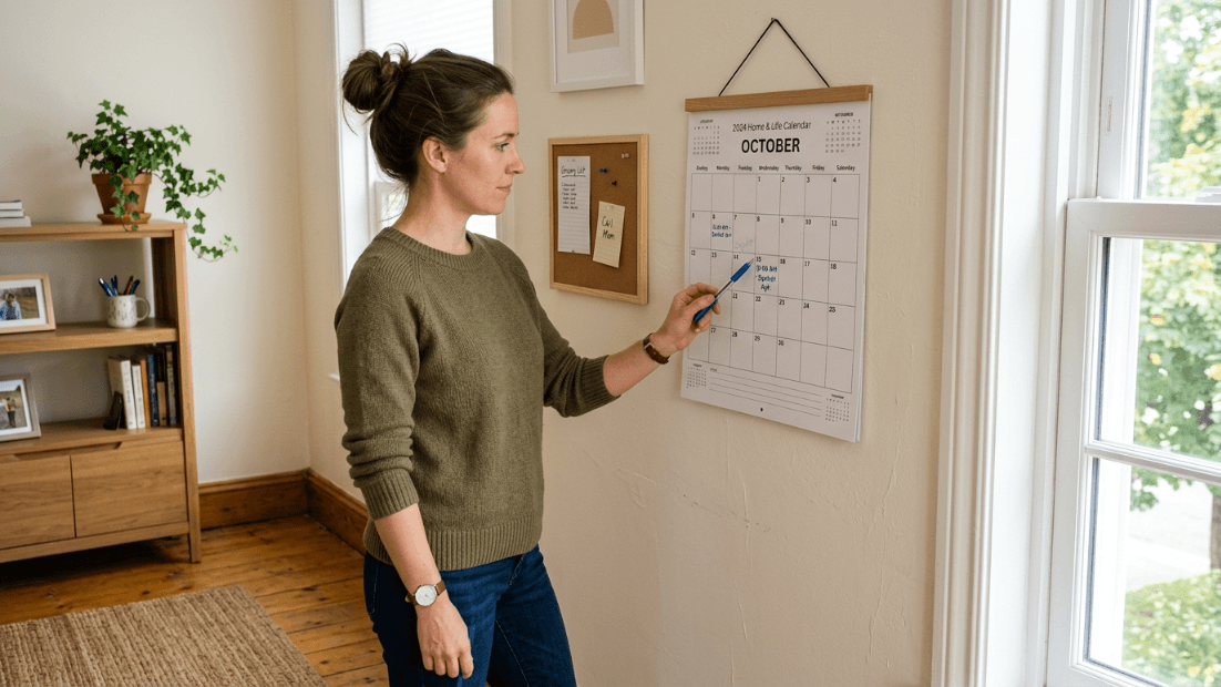 Woman in green sweater pointing at October 2024 calendar on wall in a living room.