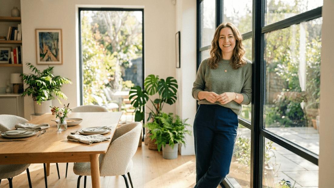 Smiling woman in green sweater and navy pants standing by large window in bright dining room with wooden table and plants.
