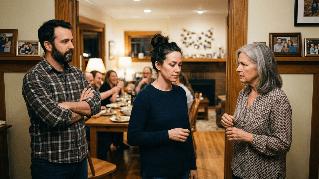 Three adults having a serious conversation in a dining room with a group eating in the background.