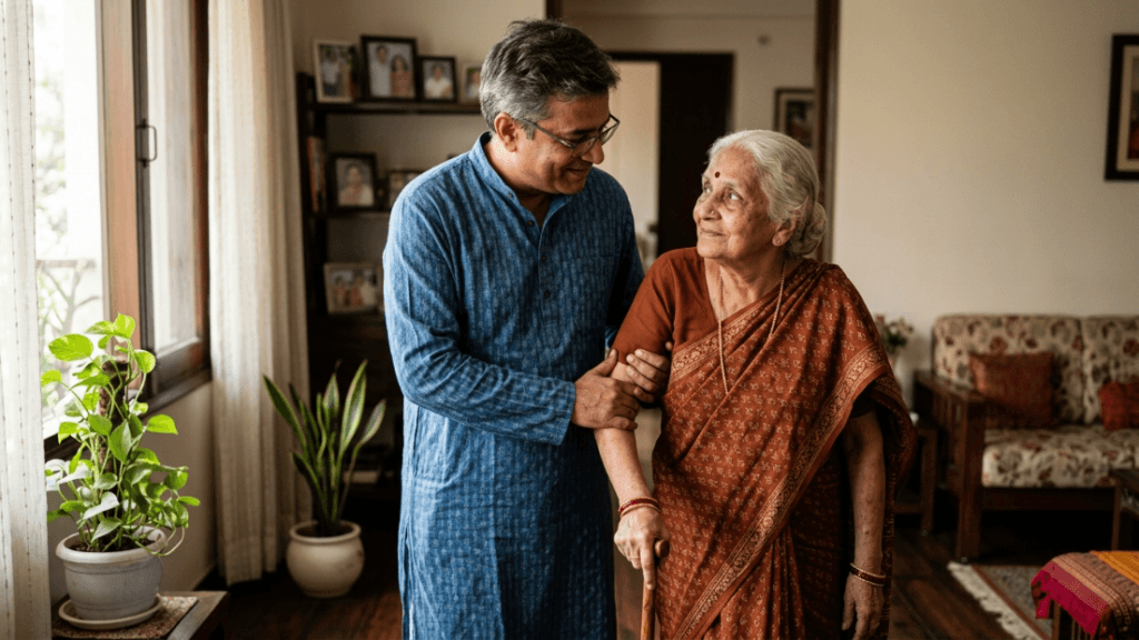Middle-aged man in blue kurta supporting elderly woman in brown saree with walking stick at home.