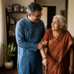 Middle-aged man in blue kurta supporting elderly woman in brown saree with walking stick at home.