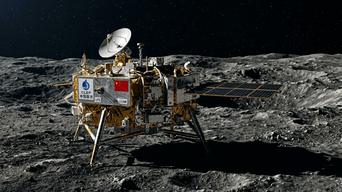 Chinese lunar rover Yutu-2 on the moon's surface with solar panels and communication dish visible