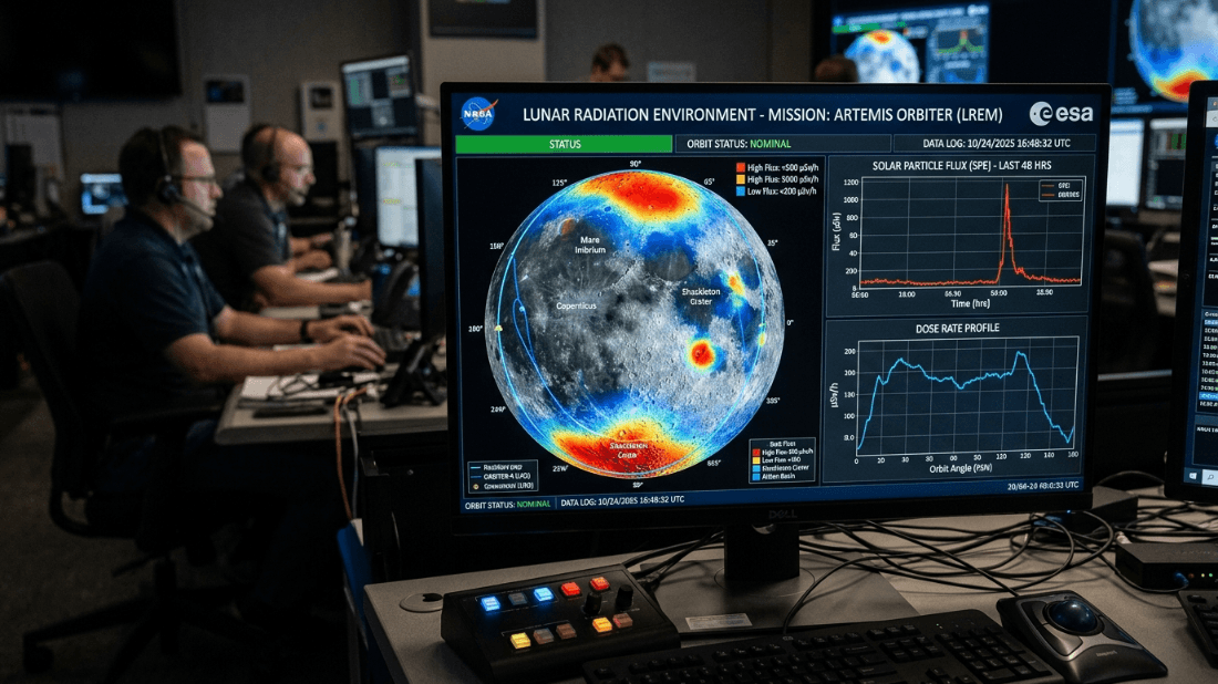 NASA mission control team monitoring Lunar Radiation Environment data for Artemis Orbiter on computer screens