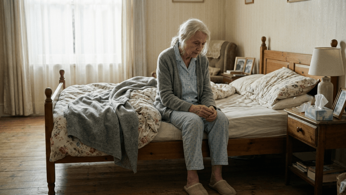 Elderly woman in pajamas sitting on the edge of a bed in a softly lit bedroom.