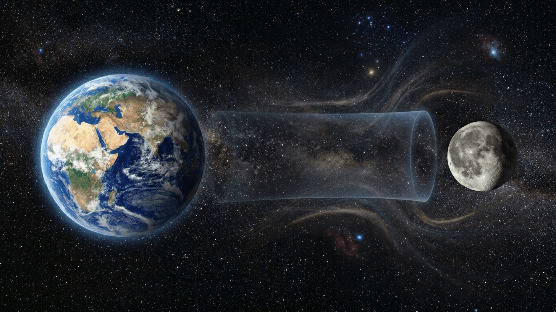 Earth and the Moon connected by a transparent cylindrical wormhole in space.