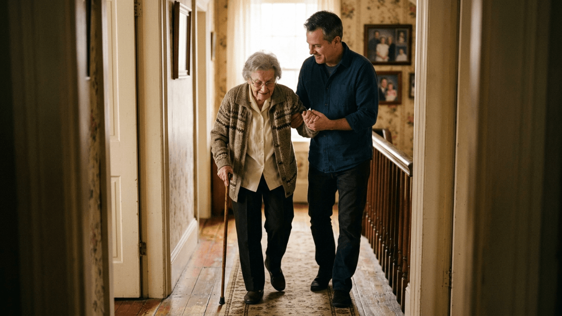 Man supports elderly woman with cane as they walk down a hallway in a home