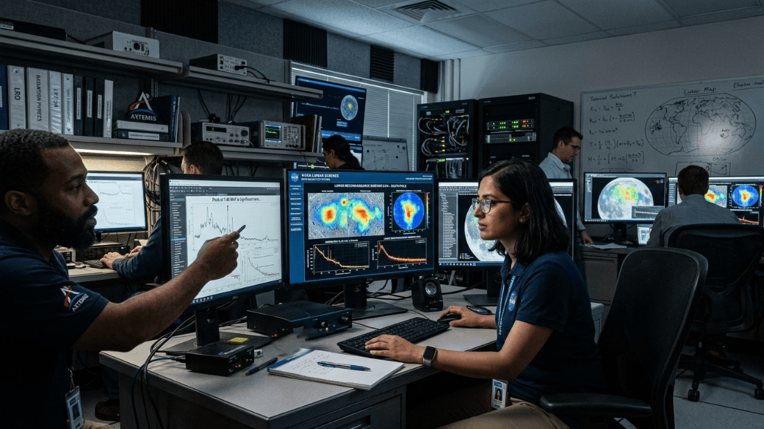 Scientists in NASA Artemis shirts analyzing lunar data on computer screens in a research lab.