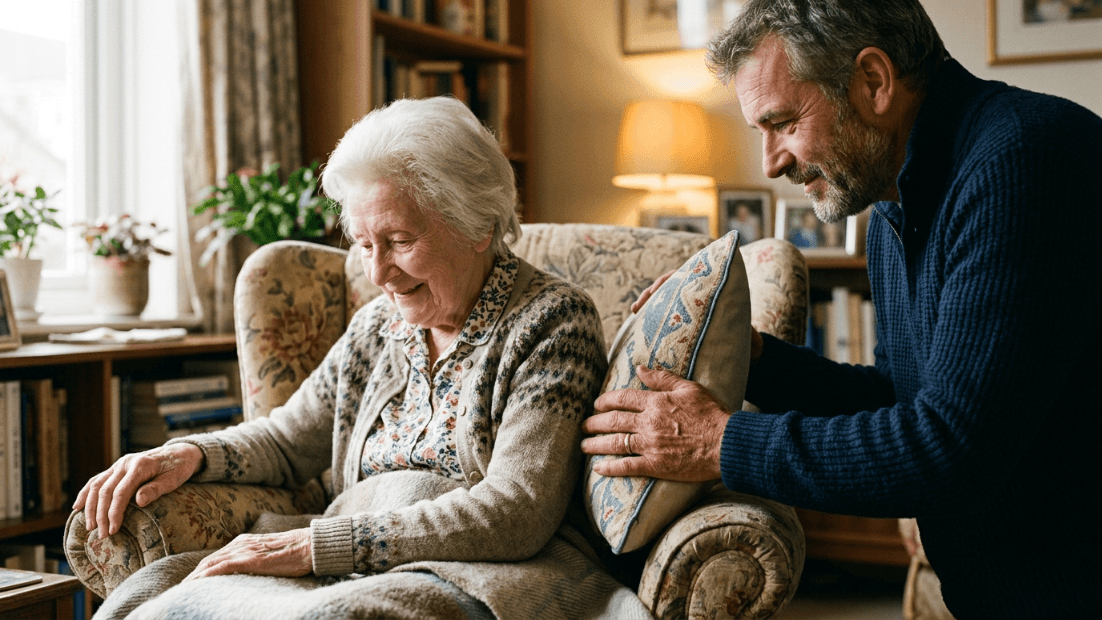Elderly woman smiling in armchair as middle-aged man adjusts cushion behind her in cozy living room.