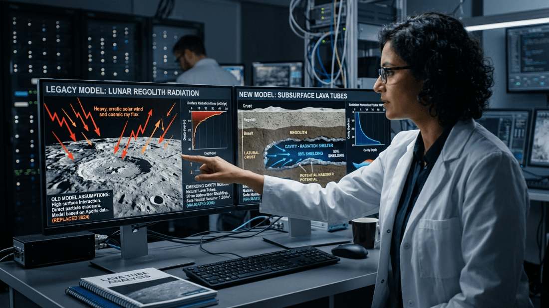 Scientist in lab coat pointing at dual monitors displaying lunar regolith radiation and subsurface lava tube models.