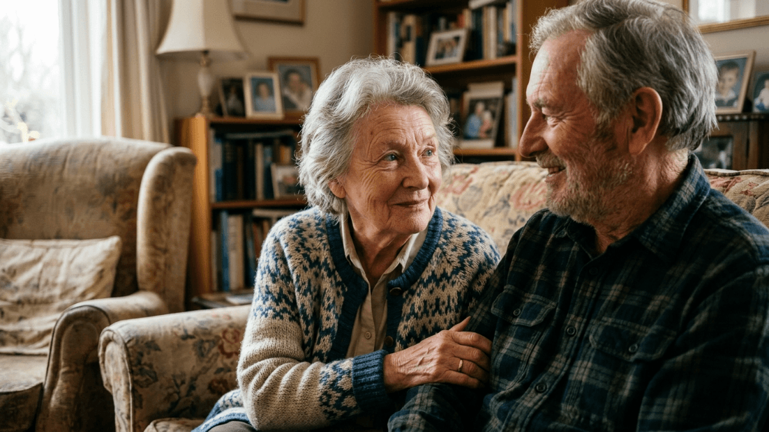 Elderly woman in patterned sweater holding arm of smiling elderly man in plaid shirt on floral couch.