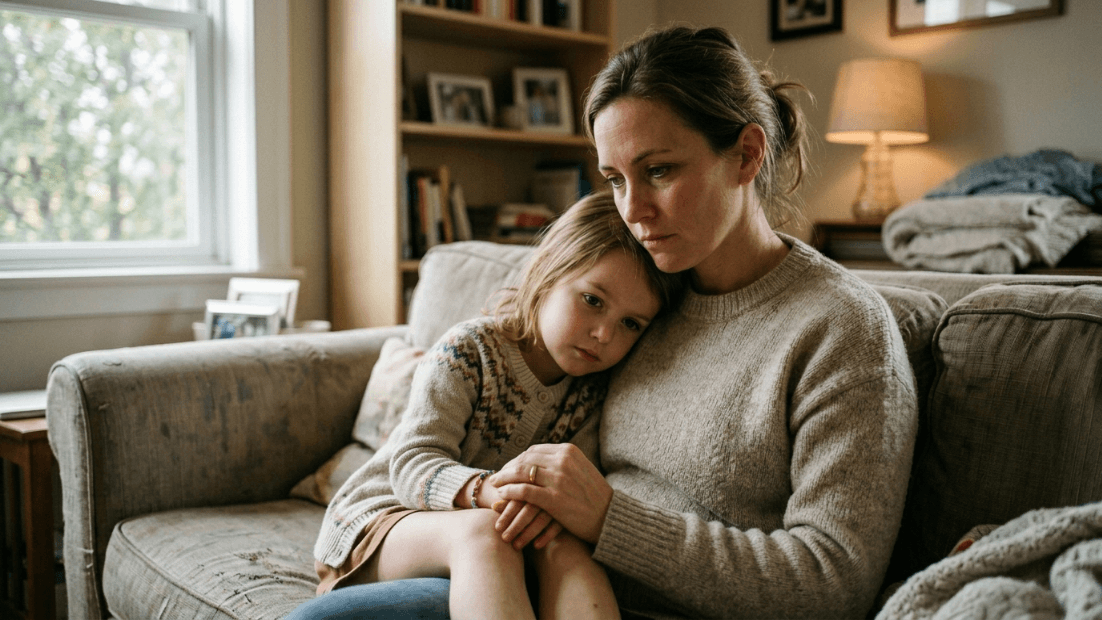 Woman comforting a sad young girl sitting on a couch in a cozy living room