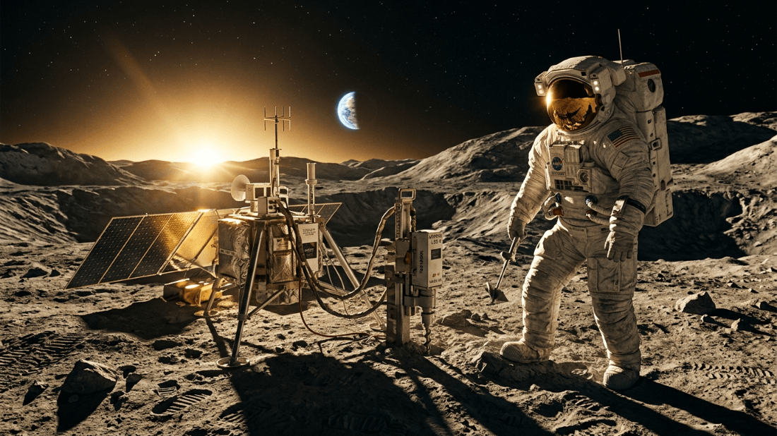 Astronaut in NASA suit operating lunar equipment on the moon with Earth and sunrise in the background