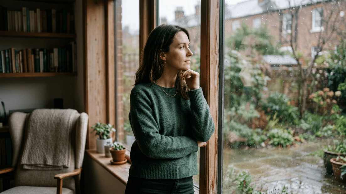 Woman in green sweater looking thoughtfully out a rain-speckled window at a garden outside a cozy room with bookshelves.