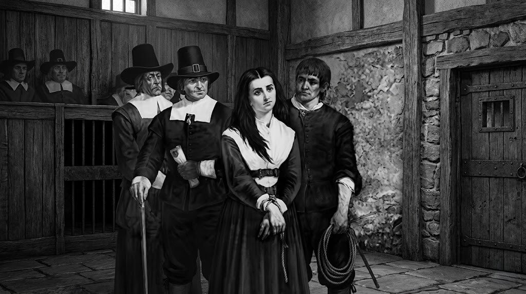 A woman in colonial attire with hands bound, surrounded by men in Pilgrim clothing inside a wooden and stone room.
