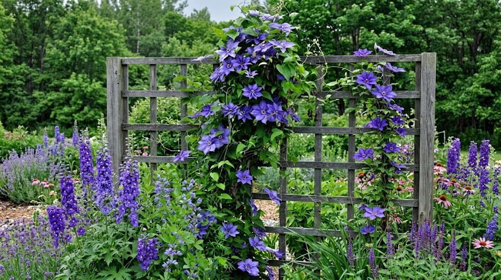 Purple clematis flowers climbing a wooden trellis in a lush garden with various purple and pink blooms.
