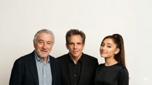 Robert De Niro, Ben Stiller, and Ariana Grande posing together against a plain background
