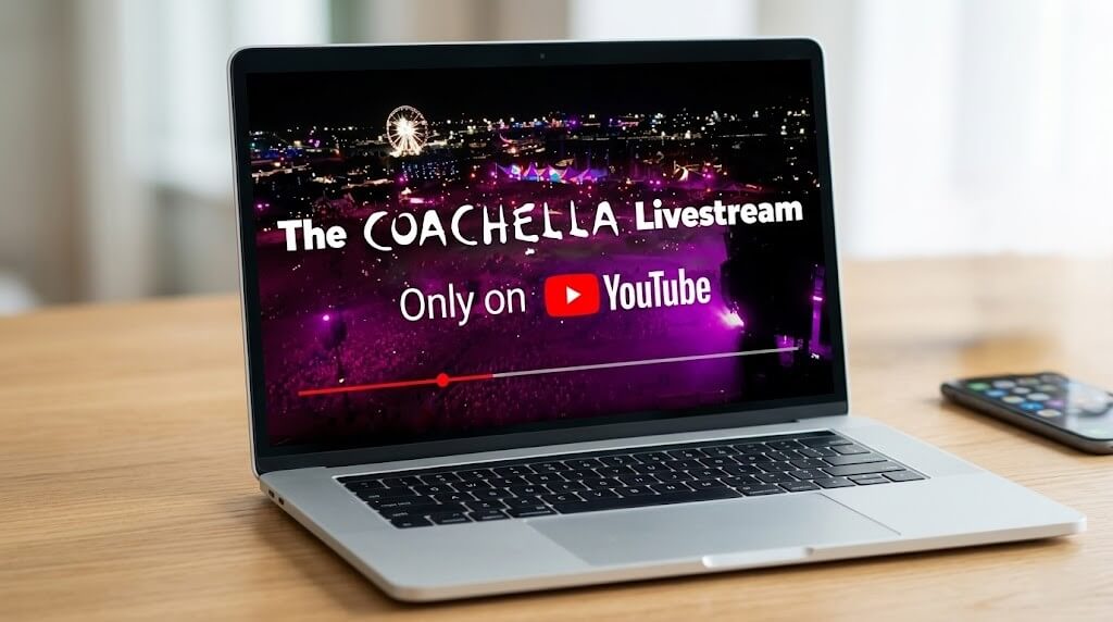 Laptop screen showing The Coachella Livestream only on YouTube with a nighttime festival crowd and Ferris wheel background.