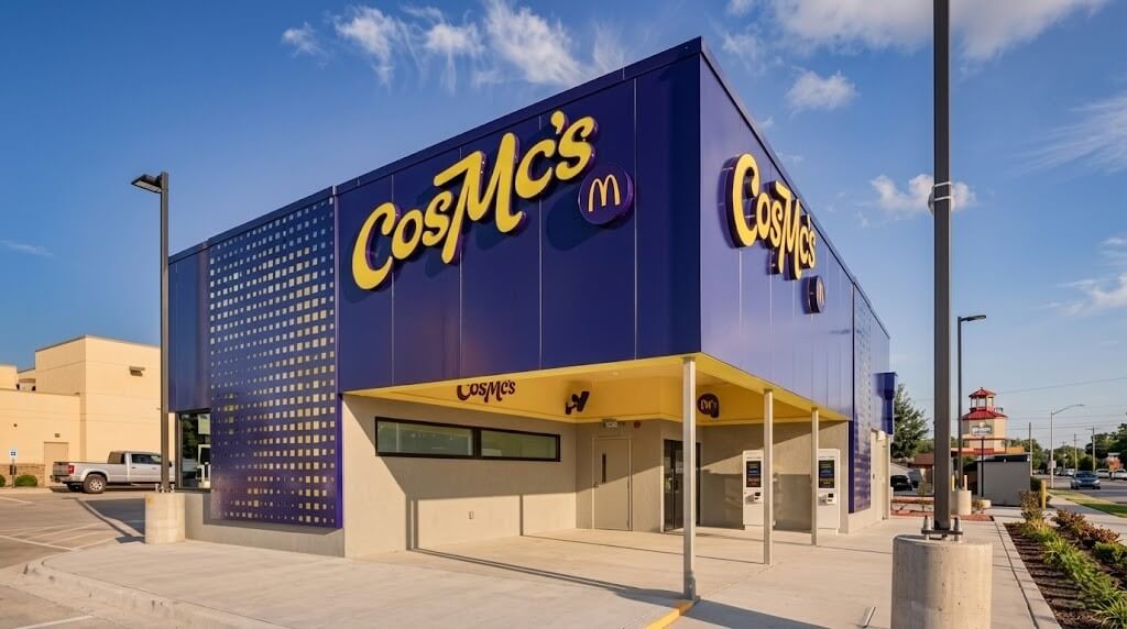CosMc's restaurant building with purple and yellow exterior and drive-thru kiosks under a clear sky.