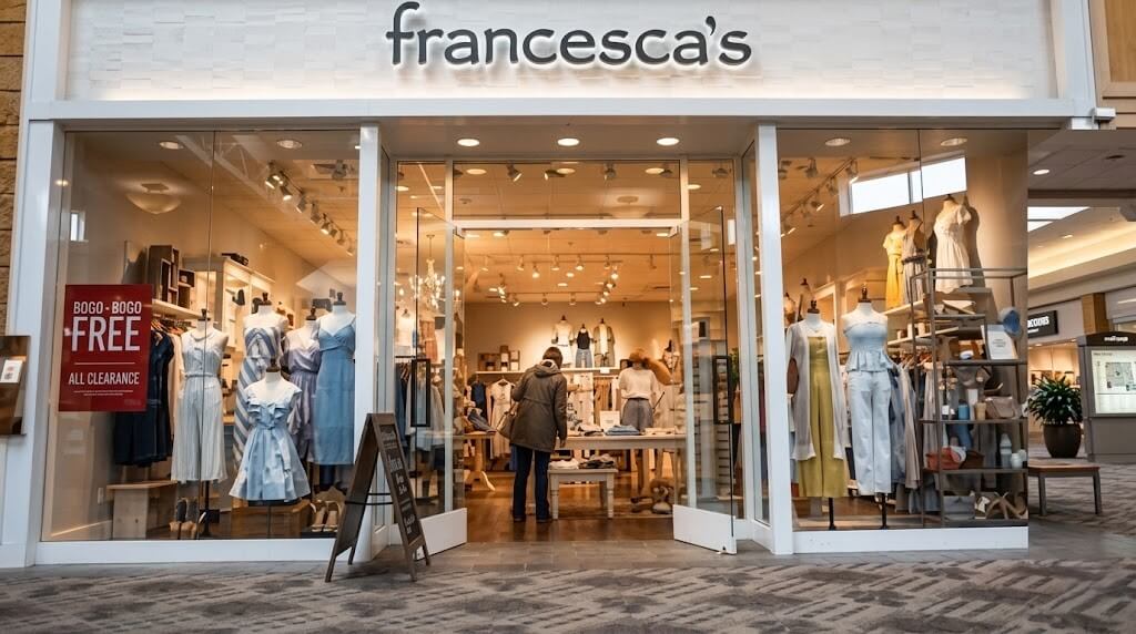 francesca's clothing store entrance with mannequins in dresses and a BOGO free clearance sale sign