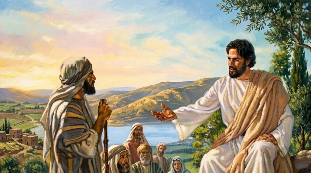 Jesus teaching a group of people outdoors near a lake with hills in the background at sunset.