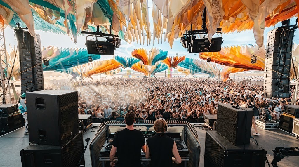 Two DJs performing on stage in front of a large crowd at an outdoor music festival with colorful fabric decorations overhead