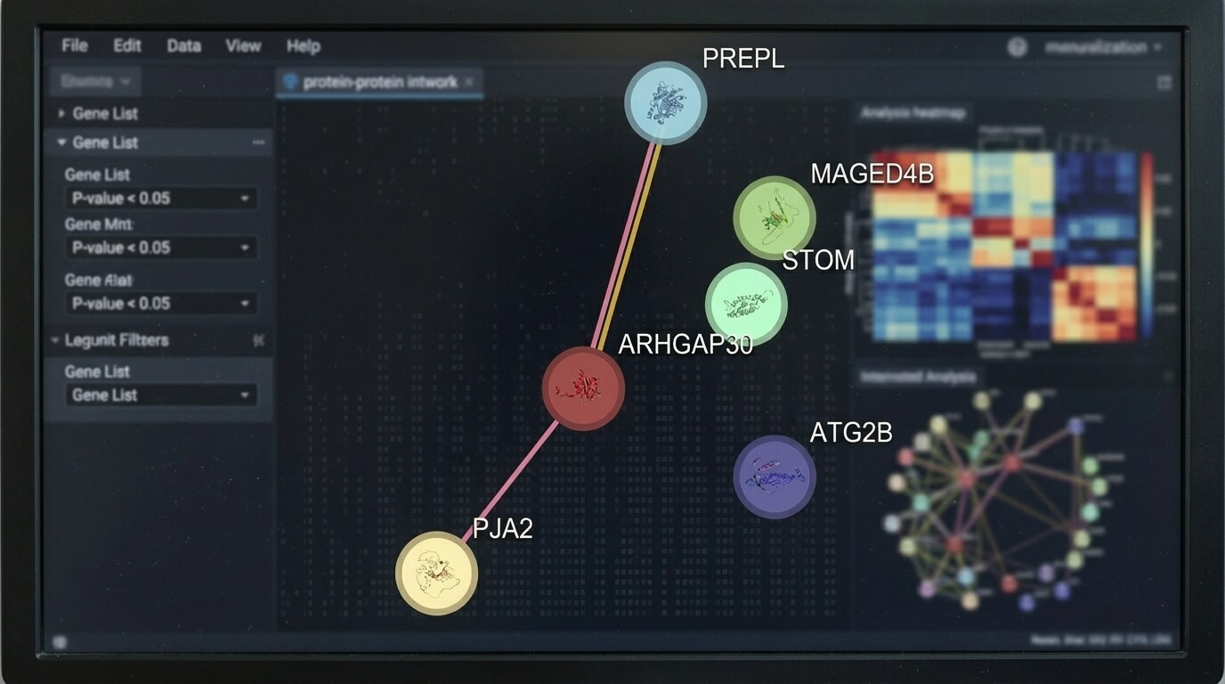 Protein-protein interaction network showing genes PREPL, MAGED4B, STOM, ARHGAP30, PJA2, and ATG2B with p-value filters applied.