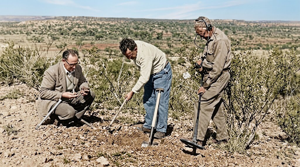 Three men conducting an archaeological dig in a dry, shrub-filled landscape with excavation tools.