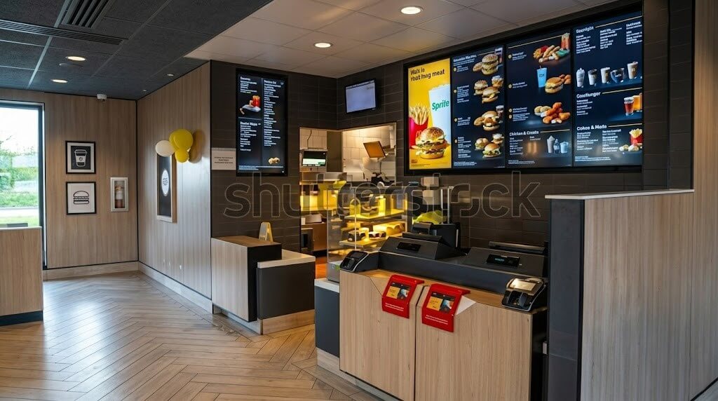 McDonald's counter with digital menu boards displaying burgers, fries, drinks, and payment terminals.