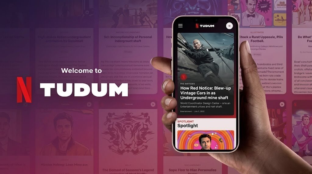 Hand holding smartphone displaying Netflix Tudum article about Red Notice and vintage cars in an underground mine shaft.