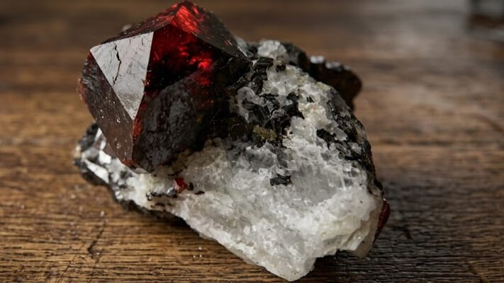 Deep red garnet crystal embedded in white and black mineral matrix on wooden surface