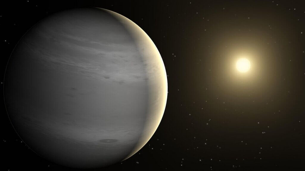Exoplanet orbiting a distant star with a glowing sun and scattered stars in space background