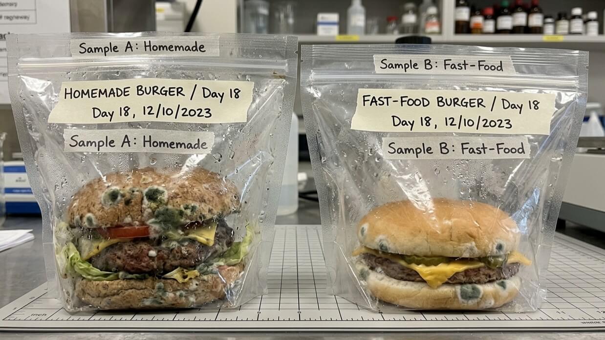 Two moldy burgers in labeled plastic bags, one homemade and one fast-food, both after 18 days of storage.